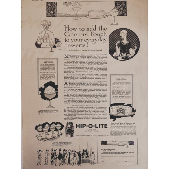 1918 Hip-O-Lite Marshmallow Creme Orig Vtg PRINT AD Add Caterers Touch Dessert - Picture 5 of 14